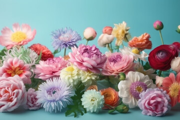 Wall Mural - Spring plant concept, colorful beautiful fresh flowers on a pastel blue background. Flowers can be used to make a romantic bouquet. 