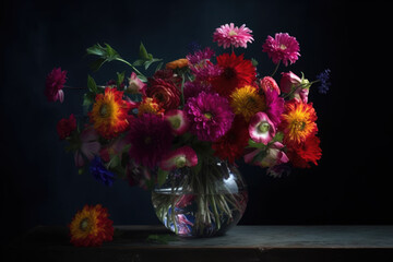 Wall Mural - Colorful flowers in vase on table against black background 