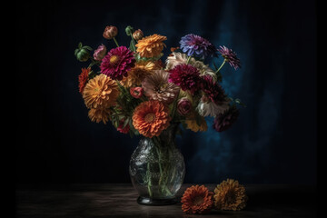 Wall Mural - Colorful flowers in vase on table against black background 