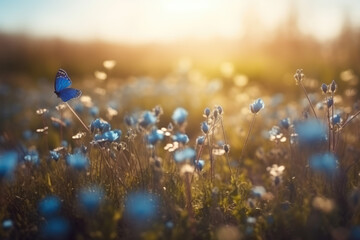 Wall Mural - Beautiful blurred spring nature background with blooming meadow and blue sky on a sunny day. Butterfly and delicate blue flowers