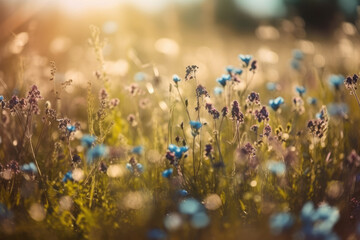 Wall Mural - Beautiful blurred spring nature background with blooming meadow and blue sky on a sunny day. Butterfly and delicate blue flowers