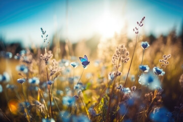 Wall Mural - Beautiful blurred spring nature background with blooming meadow and blue sky on a sunny day. Butterfly and delicate blue flowers