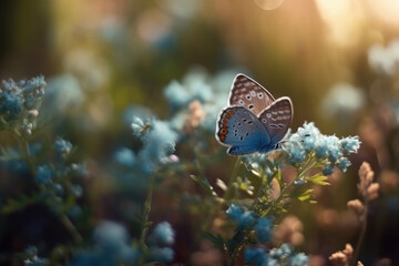 Wall Mural - Beautiful blurred spring nature background with blooming meadow and blue sky on a sunny day. Butterfly and delicate blue flowers