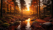 An enchanting picture of a forest bathed in the warm hues of sunrise, accentuating the beauty of autumn Generative AI