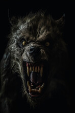 Monster Werewolf Closeup. Black Fur And Sharp Fangs.