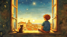 Two Red-haired Friends - A Boy And A Cat - Are Sitting On The Windowsill Near The Open Window. Naive Art Style Storybook Illustration