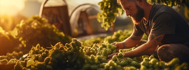 Male farmer collects hops. Home brewery. Banner