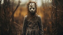 Child With Scary Mask Stay In Forest. Faceless Concept. Scary Halloween. 