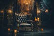 Grand luxurious gold and black chair in old castle, cobwebs and gold candles. 