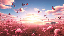 Pink Butterflies And Pink Flowers An Open Field, Springtime, Pink Background. 