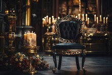 Grand Luxurious Gold And Black Chair In Old Castle, Cobwebs And Gold Candles. 