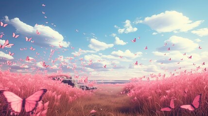 Poster - pink butterflies and pink flowers an open field, springtime, pink background. 