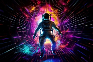 astronaut in neon purple costume who traveled on retro car through the black hole.