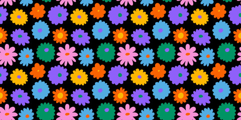 Wall Mural - Colorful floral seamless pattern illustration. Vintage flower background art design. Retro pastel color spring artwork, groovy seventies nature backdrop with hippie flowers.