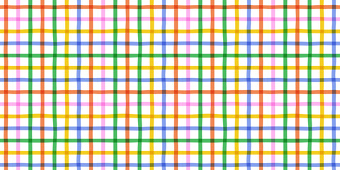 Wall Mural - Colorful geometric square grid line seamless pattern. Retro rainbow gingham style background. Abstract tartan fabric texture illustration.