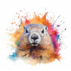 Watercolor groundhog. Generative Ai