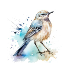 Watercolor mockingbird. Generative Ai