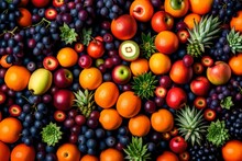The Basket Is A Cornucopia Of Nature's Bounty, Filled With An Array Of Fruits In A Kaleidoscope Of Colors. Juicy Oranges, Plump Red Apples, Succulent Purple Grapes Generated By AI 