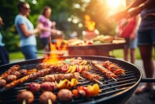 Barbecue Picnic On Blurred Background, Friends BBQ Party Outdoors, Generative AI Illustration
