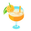Tropical fruity yellow cocktail of orange, mango, pineapple, banana, passion fruit, melon. Stem glass with juice, straw, orange slice and mint leaf. Vector
