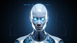 Young android head robot nice woman with part of skin and metal on a face on blue background, close up