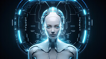 Young Android Head Robot Nice Woman With Part Of Skin And Metal On A Face On Blue Background, Close Up
