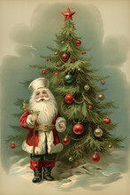 Victorian Christmas Card. Santa Claus, Gift, Christmas Tree, Children. 