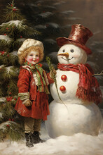 Victorian Christmas Card. Santa Claus, Gift, Christmas Tree, Children. 