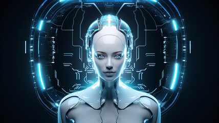 Young android head robot nice woman with part of skin and metal on a face on blue background, close up