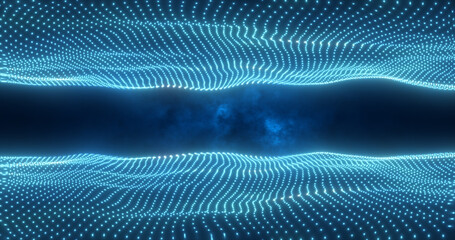 Poster - Abstract blue energy waves from particles above and below the screen magical bright glowing futuristic hi-tech background