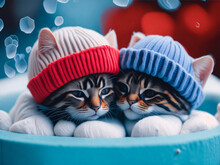 Two Cute Kittens In Woolen Hats. AI Generated
