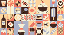 Geometric Food Pattern. Abstract Bakery Sweet Dessert Fruit Simple Shape, Restaurant Menu Concept. Vector Minimal Banner