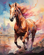 In Front Of A Cityscape, A Horse With Turned Head Paints. (Generative AI)