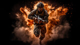 Fototapeta Sport - Indian Soldier in front of the explosion  - AI-Generated
