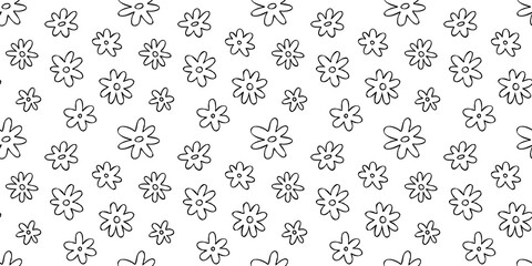 Leinwandbilder - Black and white floral seamless pattern . Vintage 70s style hippie flower background design. Y2k nature backdrop with daisy flowers.