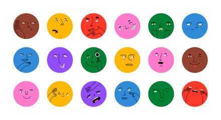 Wall Mural - diverse people face doing funny mood expression and emotion. colorful avatar design set, modern flat