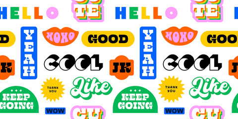 Wall Mural - Funny retro text quote sticker seamless pattern. Colorful vintage style typography sign background. Fun repeat texture print with slang lettering, comic word icon.
