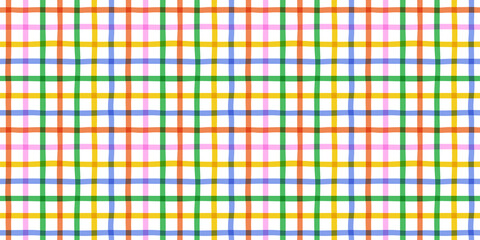 Canvas Print - Colorful geometric square grid line seamless pattern. Retro rainbow gingham style background. Abstract tartan fabric  illustration.