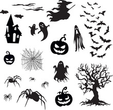 Halloween Silhouettes Vector Set Isolated On White Background.