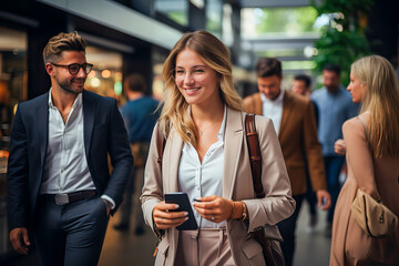 A group of business professionals walking down a busy city street