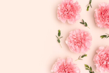 Wall Mural - pink carnation flowers and eucalyptus branches on a beige background.