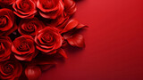 Red roses flower on red background. Copy space. Flower frame. Top view. High quality photo. Generative AI