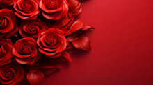 Red Roses Flower On Red Background. Copy Space. Flower Frame. Top View. High Quality Photo. Generative AI