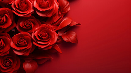 Red roses flower on red background. Copy space. Flower frame. Top view. High quality photo. Generative AI