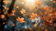 © Lara - autumn leaves falling from the tree in the forest bokeh background, with space for copy, banner - generative ai