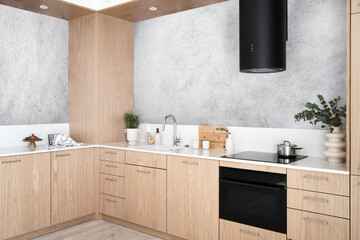 Wall Mural - household appliances and wood kitchen cupboard at contemporary apartment
