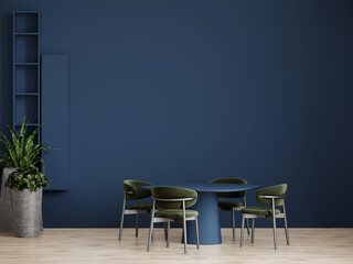 Wall Mural - Diningroom with a round table and 4 green chairs. Empty painted wall for art. Dark blue color in interior design - indigo or navy. Shelves for decor. Restaurant in dark tones. Modern style. 3d render