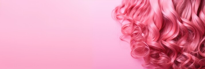 Wavy texture of healthy colored curly pink hair isolated on pink background, baner. ai generative