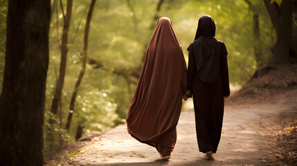 Wall Mural - Two young asian muslim women hand in hand enjoying the view, back side shot from behind