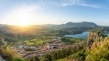 Poster - Panoramic Aerial view of Zahara de la Sierra and Reservoir Lake at sunset - Zahara de la Sierra, Andalusia, Spain